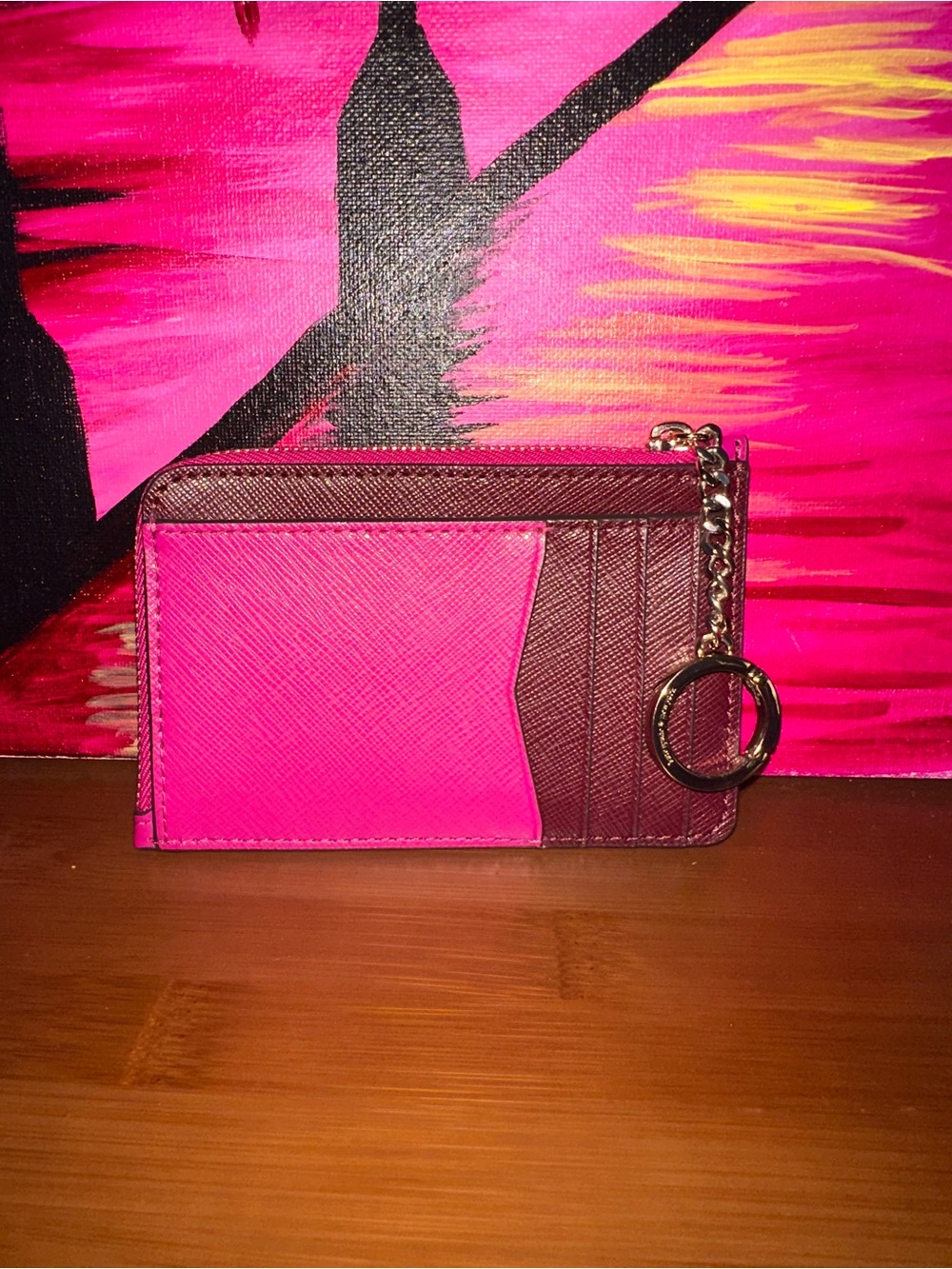 kate spade hot pink zip card case with keyring - Picture 2 of 6
